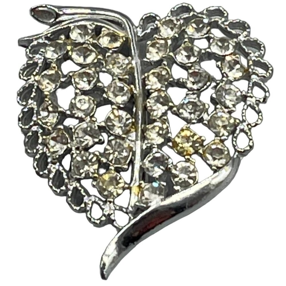 Costume Jewelry silver heart pin brooch with diamond look bling 2" long by READ
